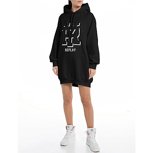 Replay Damska bluza oversize z kapturem, 098 BLACK, XXS