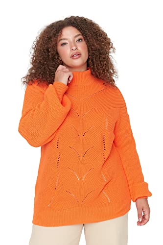 Trendyol Damska bluza z okrągłym dekoltem Ajouré Regular Plus Size, pomarańczowy, 5XL