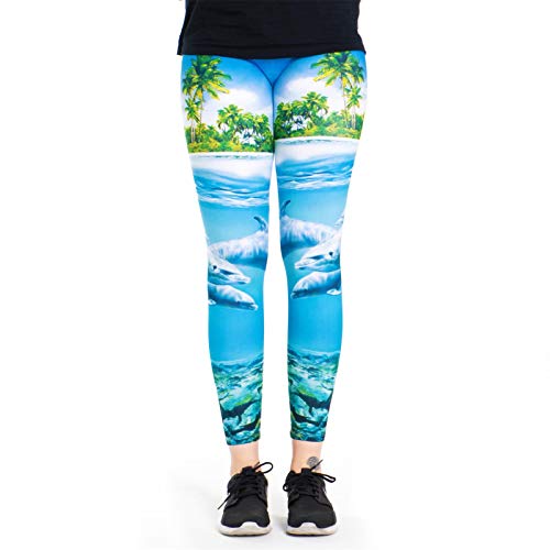 cosey Damskie kolorowe legginsy z nadrukowanym wzorem zwierzęcym, Dolphin Coast, jeden rozmiar