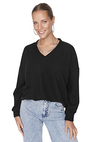 Trendyol Damska bluza z dzianiny Basic z dekoltem w serek, Czarny, XS