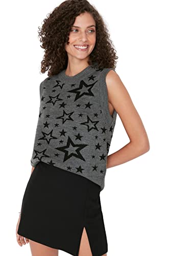 TRENDYOL Damska kamizelka z dzianiny z okrągłym dekoltem, geometryczny wzór, regularna, szary, S