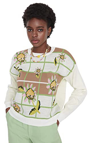Trendyol Damska bluza z okrągłym dekoltem w kwiaty, regularny sweter, Ecru, M