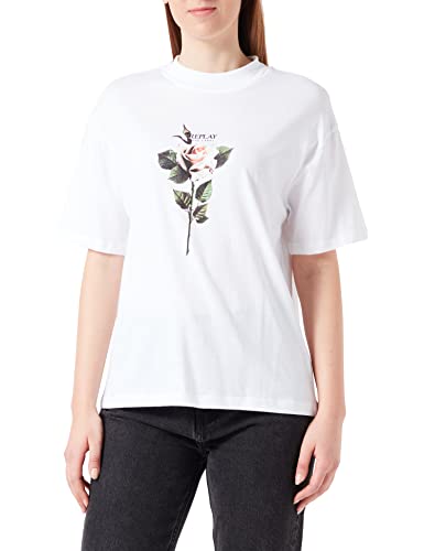 Replay Damska koszulka z krótkim rękawem z nadrukiem róż, 001 White, XL