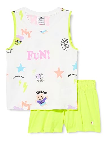 Champion Legacy Fun Club-all-Over-Tank Top & Spodenki Pełna Dziewczyny i Dziewczyny, (Biały/Fluo żółty), 7-8 anni