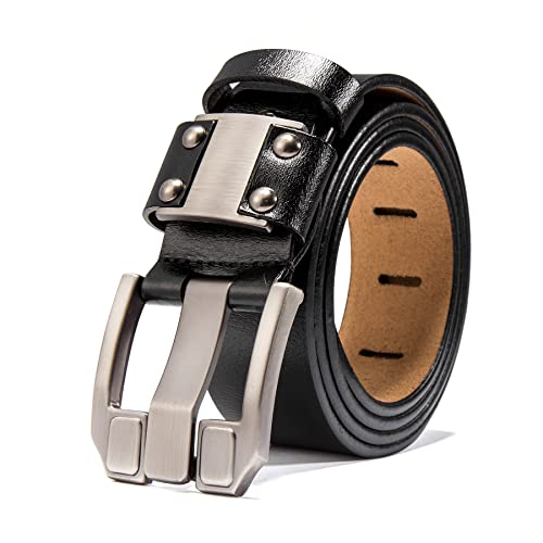 BISON DENIM Pasek męski, pasek skórzany, pasek dżinsowy, biznesowy, metalowy, retro, denim, dla mężczyzn, odzież o szerokości 38 mm, z pudełkiem na prezent, N71350-1Bm-czarny, 37/39W x 47L
