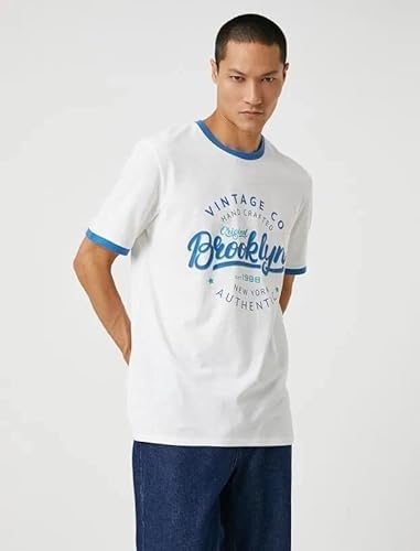Koton Męski T-shirt College z nadrukiem, z okrągłym dekoltem, krótki rękaw, Off White (001), S