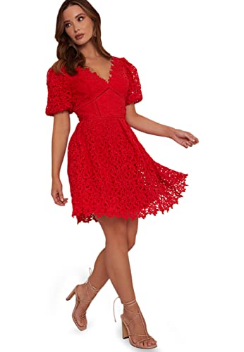 Chi Chi London Damska sukienka midi z dekoltem w serek, szydełkowana w czerwonym koktajlu, Czerwony, 34