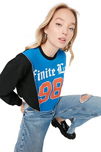 Trendyol Damska bluza z okrągłym dekoltem z hasłem, czarna, S, Czarny