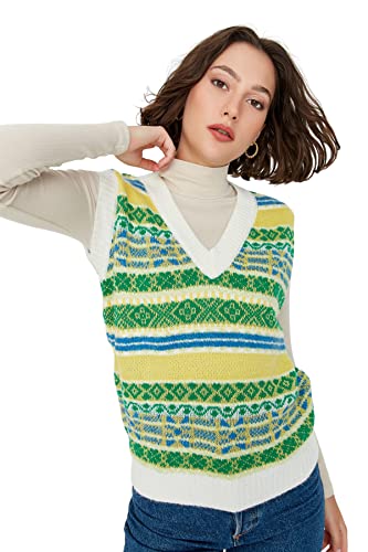 TRENDYOL Damska kamizelka z dekoltem w serek, wzór etno, regularna, dzianinowa, ecru, S, écru, S