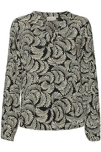 KAFFE Damska bluzka V-Notch z długim rękawem Regular Fit z nadrukiem Hip Length, Czarny Głęboki/Antyczny Biały Nadruk, 44