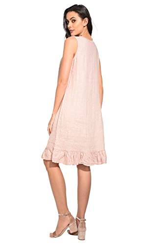 Bonateks damska sukienka 100% lniana Made in Italy, półdługa sukienka z okrągłym dekoltem, z długimi rękawami i kieszeniami, granatowa, rozmiar: L, granatowy, L