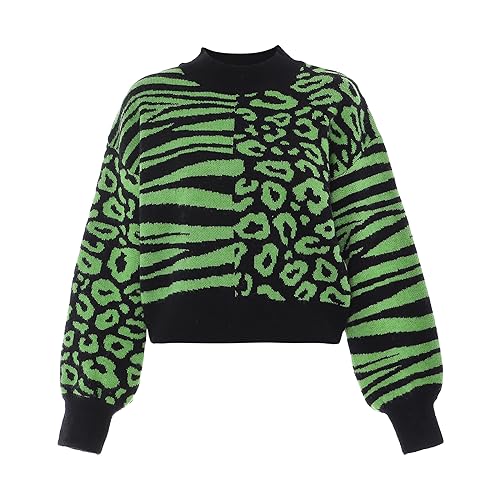 myMo rocks Damski sweter z okrągłym dekoltem z wzorem w panterkę akryl czarny limonkowy zielony rozmiar M/L, czarny, limonkowy, M