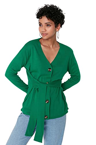 Trendyol Damski standardowy standardowy kardigan z dzianiny z dekoltem w serek, ZIELONY, M