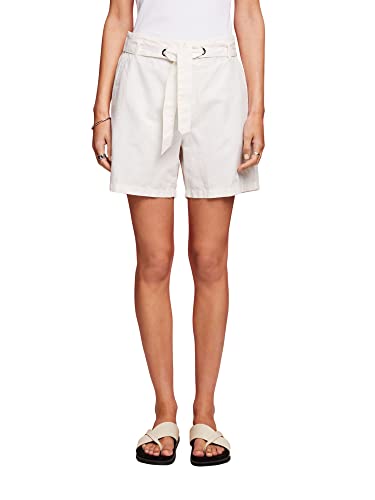 ESPRIT Szorty z paskiem do wiązania, mieszanka bawełny i lnu, biały, 40
