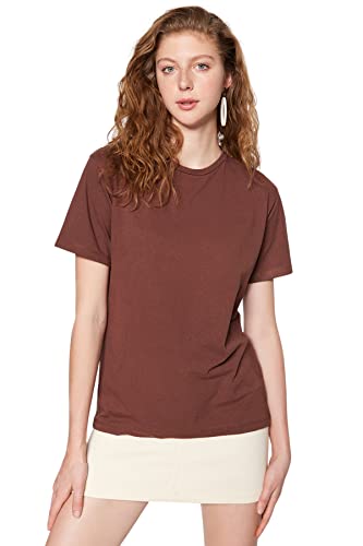 Trendyol Damska koszulka Basic Oversize Basic Crew Neck Knit, Brązowy, XL