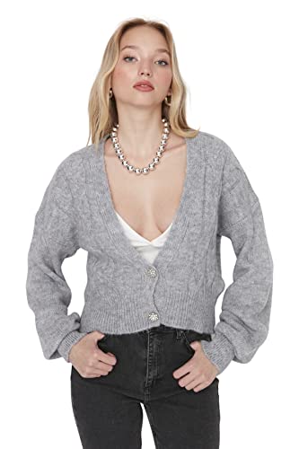 Trendyol Damski standardowy standardowy kardigan z dzianiny z dekoltem w serek, Szary, M