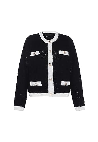 faina Damski jednorzędowy, modny kardigan z dzianiny w kontrastowym kolorze CZARNYM rozmiar M/L, czarny, XL