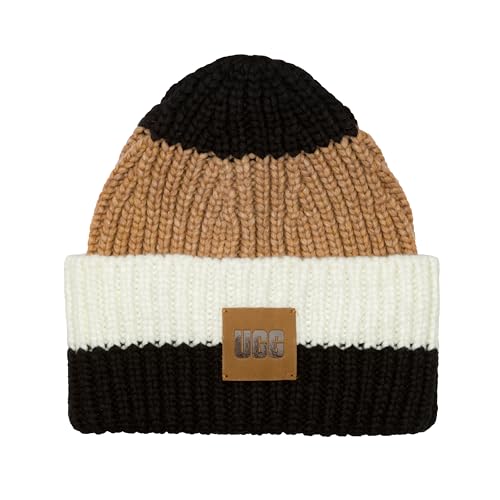 UGG Damska czapka z grubej prążkowanej czapki, logo W, Kasztan Multi, Rozmiar uniwersalny