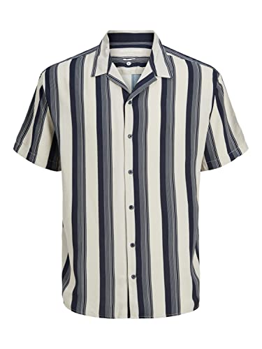 JACK & JONES Męska koszula JCOCHAIN Reggie Stripe Resort Shirt SS, Moonbeam/Stripes: paski, L, Moonbeam/paski: paski, L