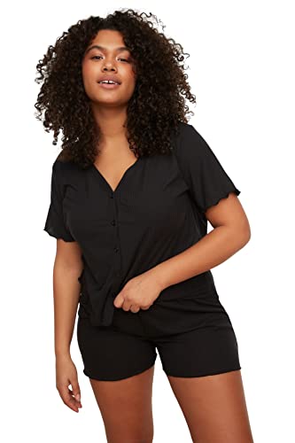 Trendyol Damska koszulka z gładkiej dzianiny - krótka piżama w rozmiarze plus size, Czarny, XXL