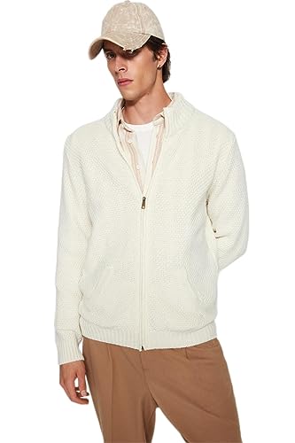 Trendyol Męski wąski krój podstawowy kardigan z dzianiny z wysokim dekoltem, ecru, XL, Ecru, XL