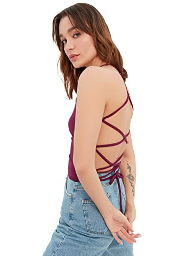 Trendyol Damska koszulka typu slim fit bodycon z okrągłym dekoltem dzianinowa, Śliwka, M
