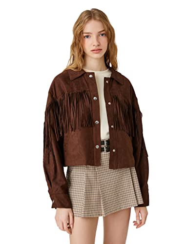 Koton Damska kurtka z długim rękawem i frędzlami, Brązowy (532), 38
