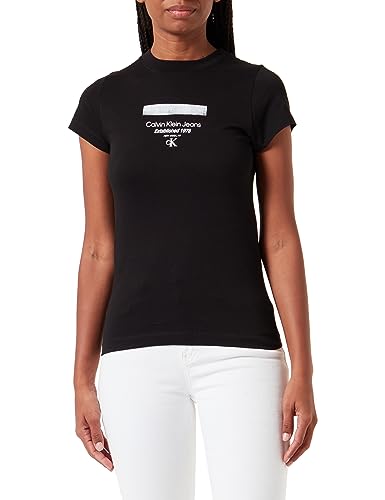 Calvin Klein Jeans Damska koszulka z logo w paski nowoczesna prosta koszulka S/S T-shirty, Ck czarny, M