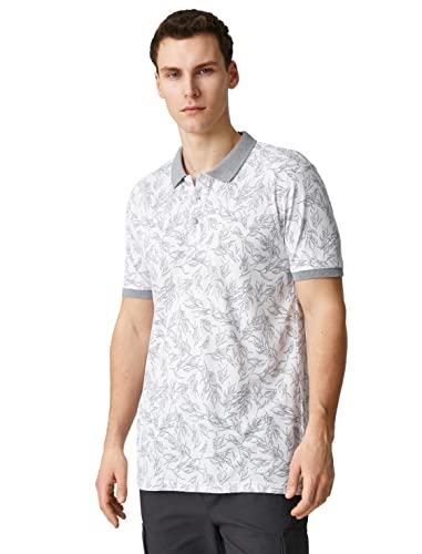Koton Męska koszulka polo Neck Floral Buttoned Short Sleeve Slim Fit, Biały wzór (0d0), S