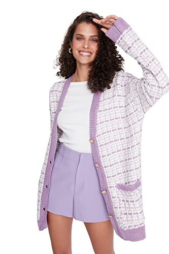 Trendyol Damski kardigan z dzianiny oversize z dekoltem w serek, Fioletowy, L