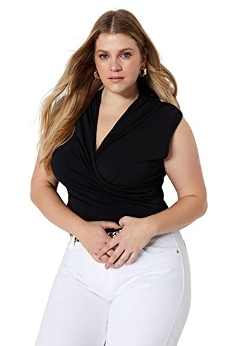Trendyol Damska dopasowana bluzka basic dekolt w serek dzianina plus size, Czarny, 3XL