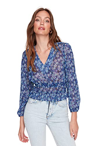 TRENDYOL Damska koszula damska Basic Regular Standard V Neck Woven Blouse, niebieski, 34