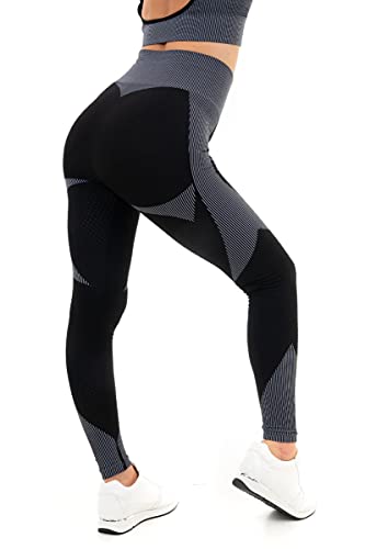 M17 Damskie damskie legginsy teksturowane panele paski wysoka talia odzież sportowa siłownia bieganie spodnie do jogi, Czarny szary, S