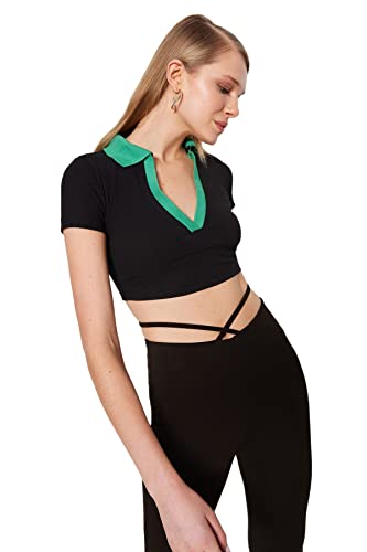 Trendyol Damska bluzka dzianinowa z dekoltem polo slim fit, czarna, M, Czarny, M