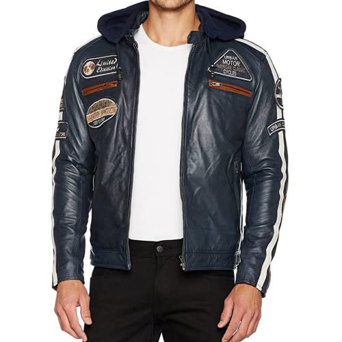 Urban Leather Męska skórzana kurtka motocyklowa z ochraniaczami na plecy, ramiona i łokcie z certyfikatem CE, granatowa, 8XL Plus, granatowy