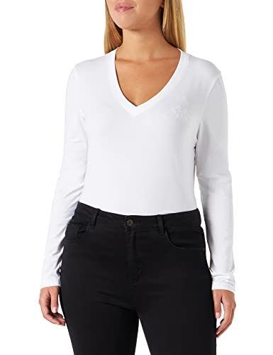 Calvin Klein Jeans Damska koszulka Monologo z długim rękawem z dekoltem w serek inne dzianinowe topy, Jasnobiały, XS