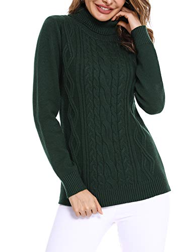 Irevial Damski sweter, elegancki sweter z golfem, sweter z dzianiny, długi rękaw, topy z dzianiny na jesień i zimę, A-ciemna zieleń drewniana, L