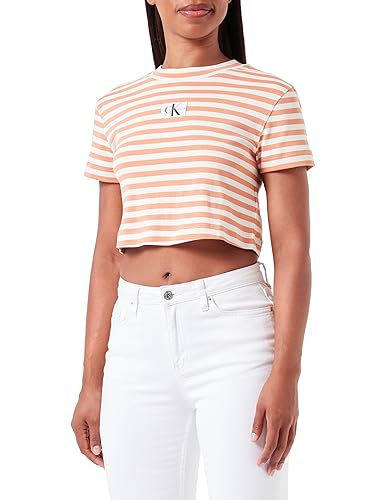 Calvin Klein Jeans Paski Baby Tee Inne Dzianiny Topy Damskie, Ivory/Tropical Orange, L