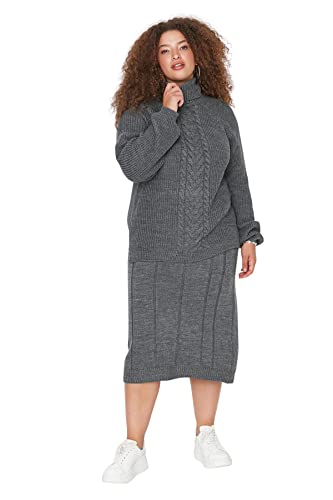 Trendyol Damska gładka gruba dzianina sweter spódnica plus size dwuczęściowy zestaw, Antracyt, 5XL