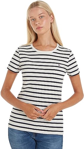 Tommy Hilfiger Damskie topy z dzianiny Slim Cody Rib C-nk Ss S/S, Bretoński ecru/pustynne niebo, XL