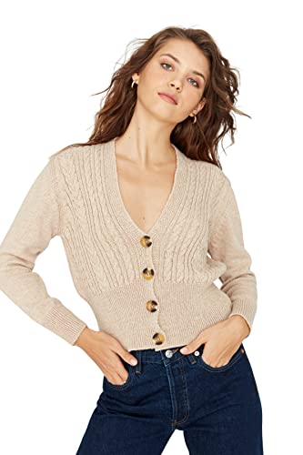 Trendyol Damski sweter z dekoltem w serek, zwykły, beżowy, S, BEŻOWY, S