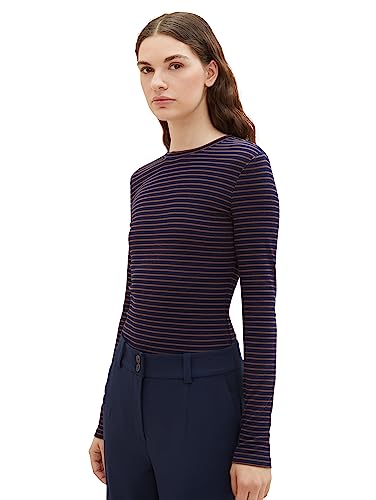 TOM TAILOR Denim Damska koszulka z długim rękawem w paski, 34269-Navy Brown Stripe, XXL