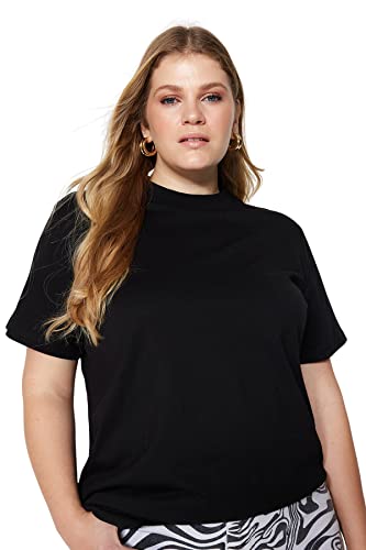 Trendyol Damska koszulka z dzianiny o luźnym kroju z okrągłym dekoltem w rozmiarze plus size, Czarny, 5XL (Duże Rozmiary)