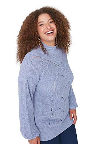 Trendyol Damska bluza z okrągłym dekoltem Ajouré Regular Plus Size, Lila, 5XL, lilia