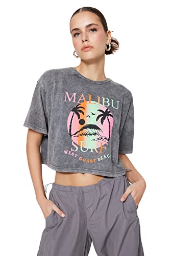 Trendyol Damska koszulka z dzianiny o luźnym kroju z okrągłym dekoltem, Antracyt, XS