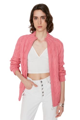 Trendyol Damski standardowy standardowy kardigan z dzianiny z dekoltem w serek, różowy, S
