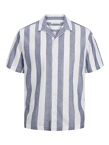 JACK & JONES Męska koszula JPRSUMMER lniana w paski S/S LN koszula, Navy Blazer/Stripes: Relaxed Fit, L, Granatowy blezer/paski: luźny krój, L