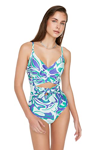 Trendyol Damski strój kąpielowy z kwiatowym wycięciem, szczegółowy, dzianinowy strój kąpielowy, Fioletowy, 44