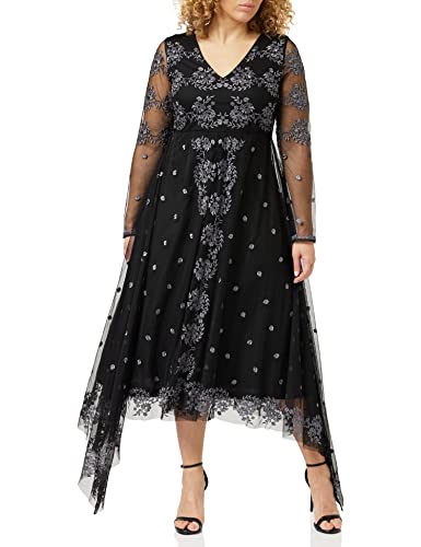 Frock and Frill Damska kwiecista haftowana sukienka na specjalne okazje, czarna, 12, Czarny, 38