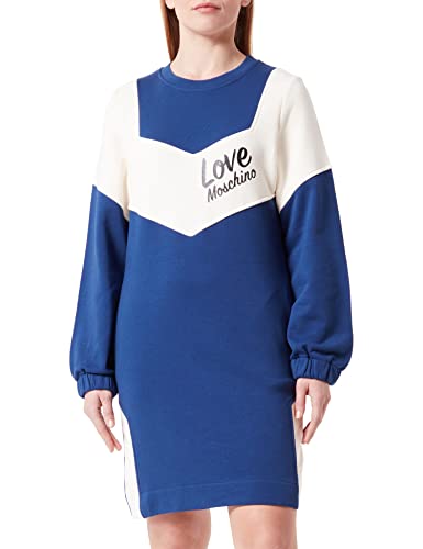 Love Moschino Damska luźna sukienka z długim rękawem z kontrastowymi wkładkami, rękawy z tyłu i włoskim nadrukiem z przodu, beżowy niebieski, 44